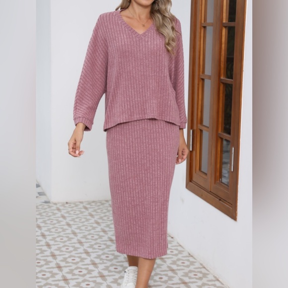 V-Neck Long Sleeve Top and Midi Skirt Set